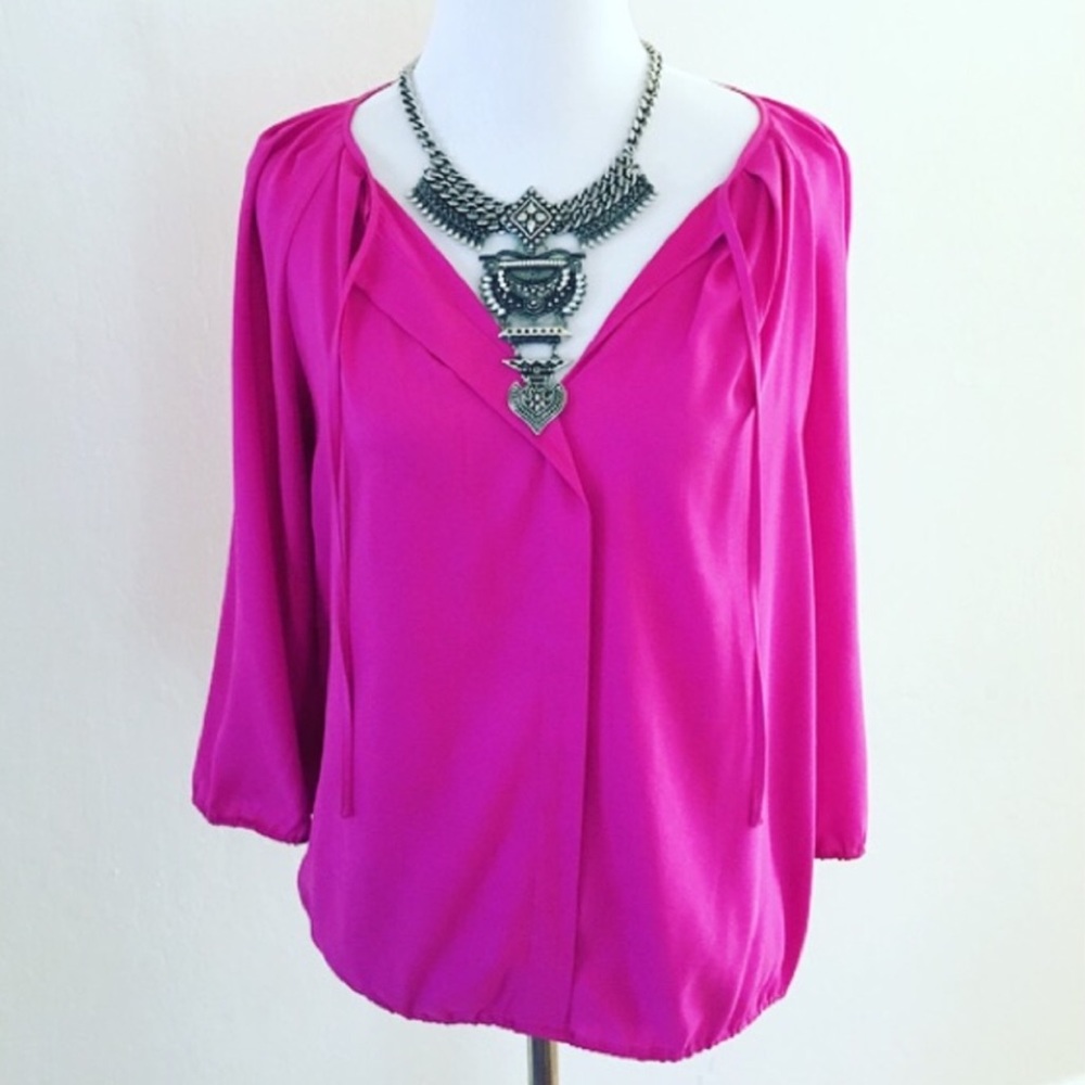 Ann Taylor Hot Pink 3/4 Sleeve Tie Front Top